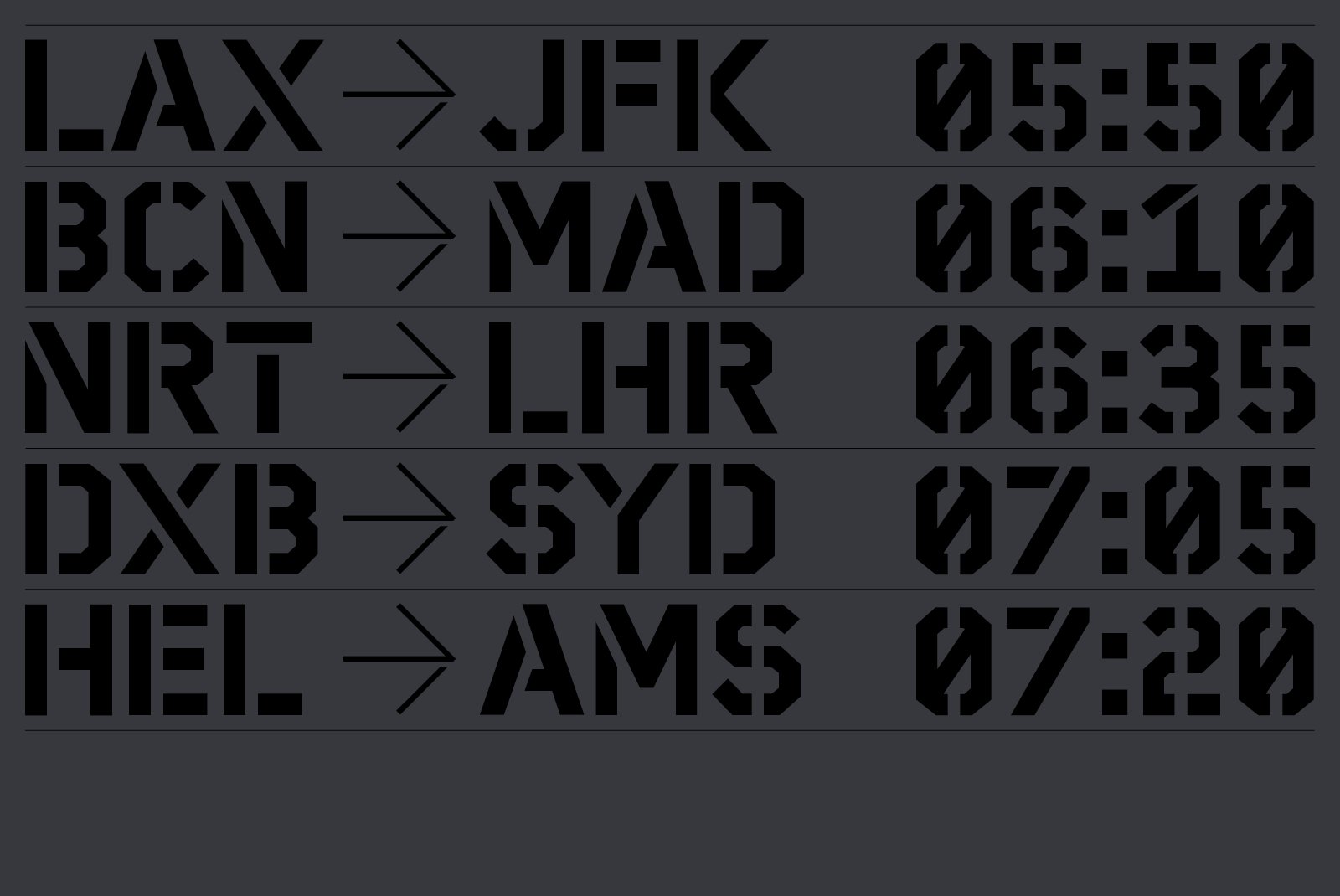 Flight schedule board design featuring stencil-style font. Keywords: graphics, airport, stencil font, template, designer resource, mockup.