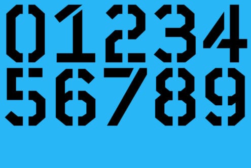 Stylized black stencil numbers 0-9 on a blue background for fonts or graphic design. Bold geometric typeface ideal for creative digital assets.