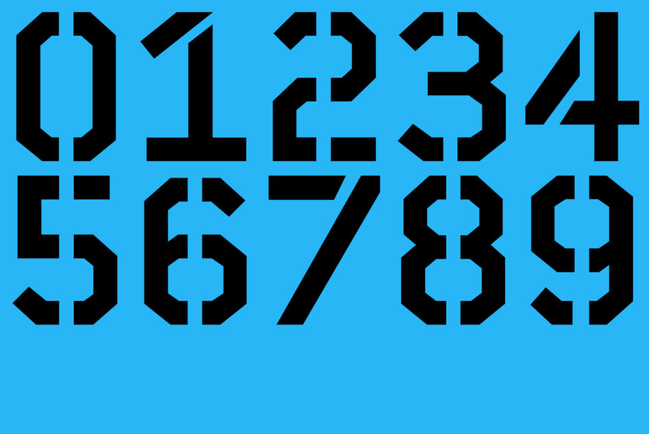Stylized black stencil numbers 0-9 on a blue background for fonts or graphic design. Bold geometric typeface ideal for creative digital assets.