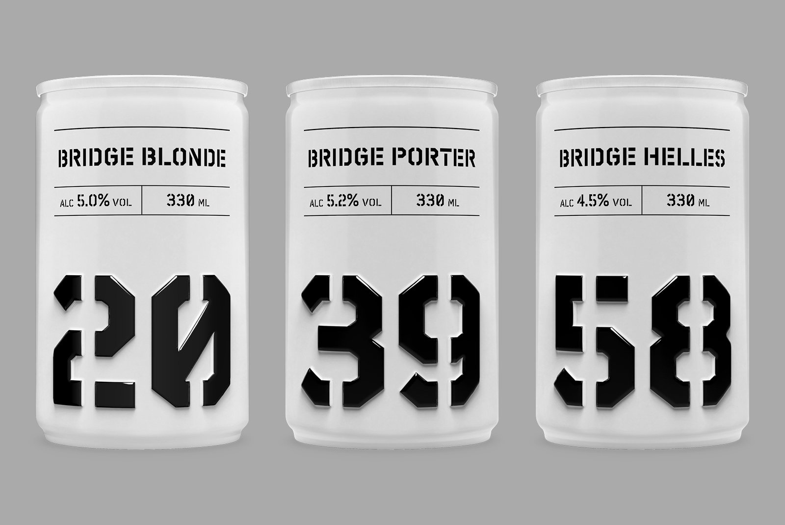 Three minimalist beer can mockups featuring geometric fonts and modern typography on a gray background. Ideal for branding and packaging design projects.