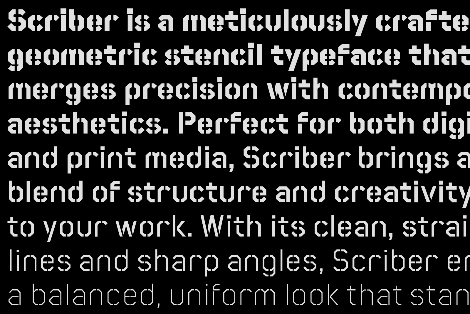 Geometric stencil typeface named Scriber perfect for digital and print media. Merging precision with aesthetics. Ideal for modern design projects.