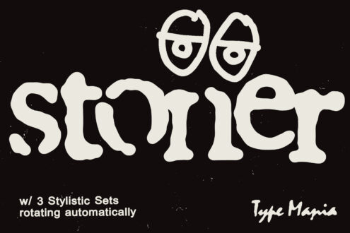 Stoner text in chunky rounded letters with rotating eye dingbats