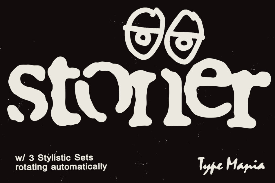 Stoner text in chunky rounded letters with rotating eye dingbats