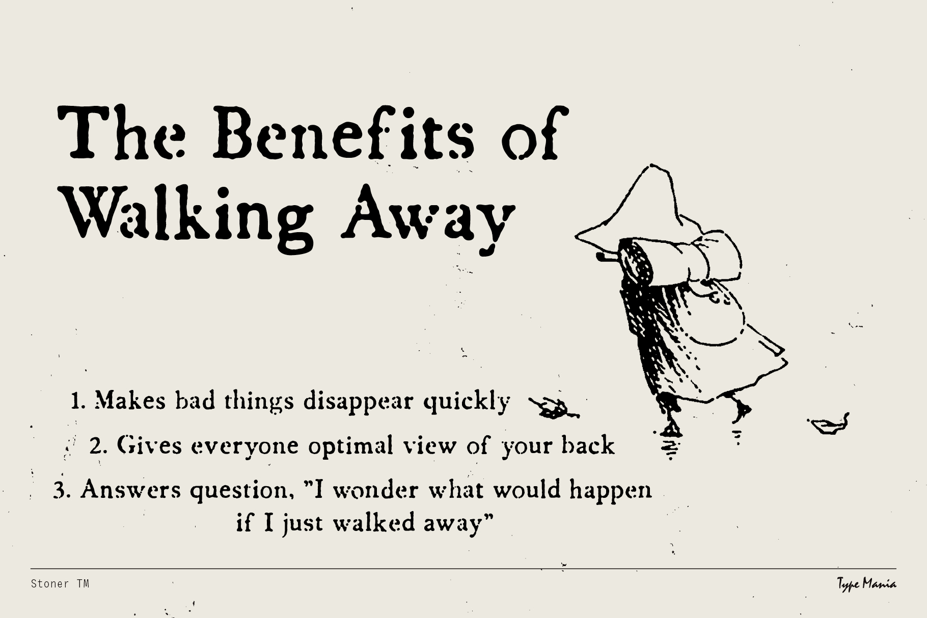 Illustration displaying title The Benefits of Walking Away with whimsical character strolling. Ideal for graphic design templates or inspirational typography.