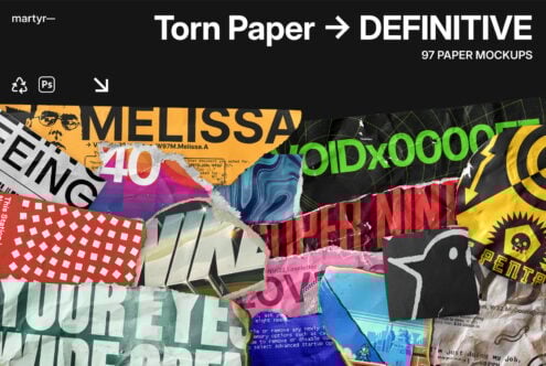 Collage of colorful torn paper textures with bold text elements Photoshop 97 paper mockups digital assets graphic design templates for designers