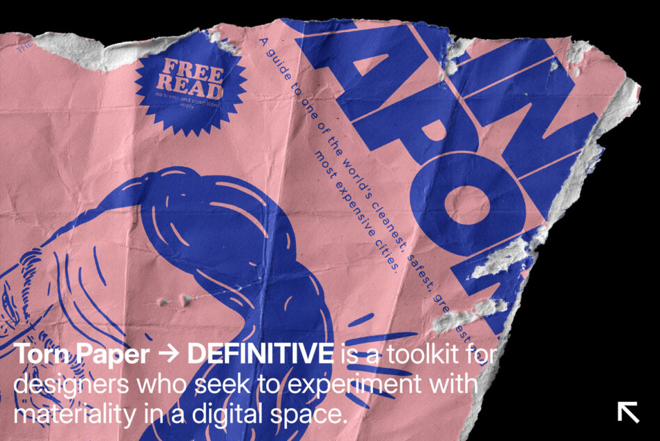 Torn paper texture mockup with blue graphic shapes on pink background