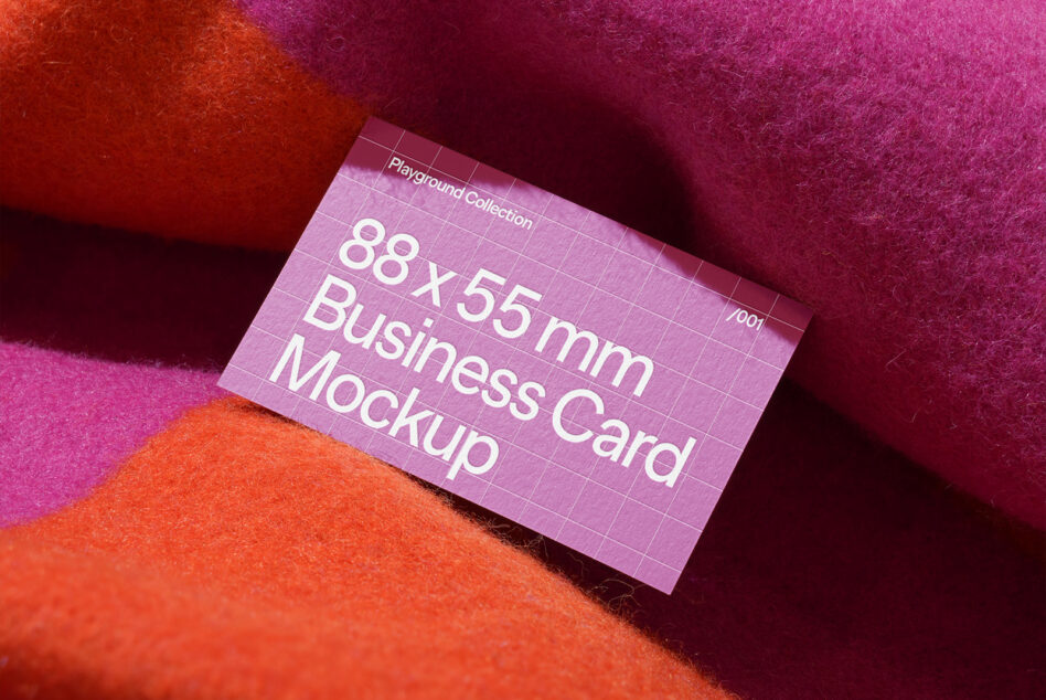 Lilac business card mockup angled on bright pink fabric backdrop