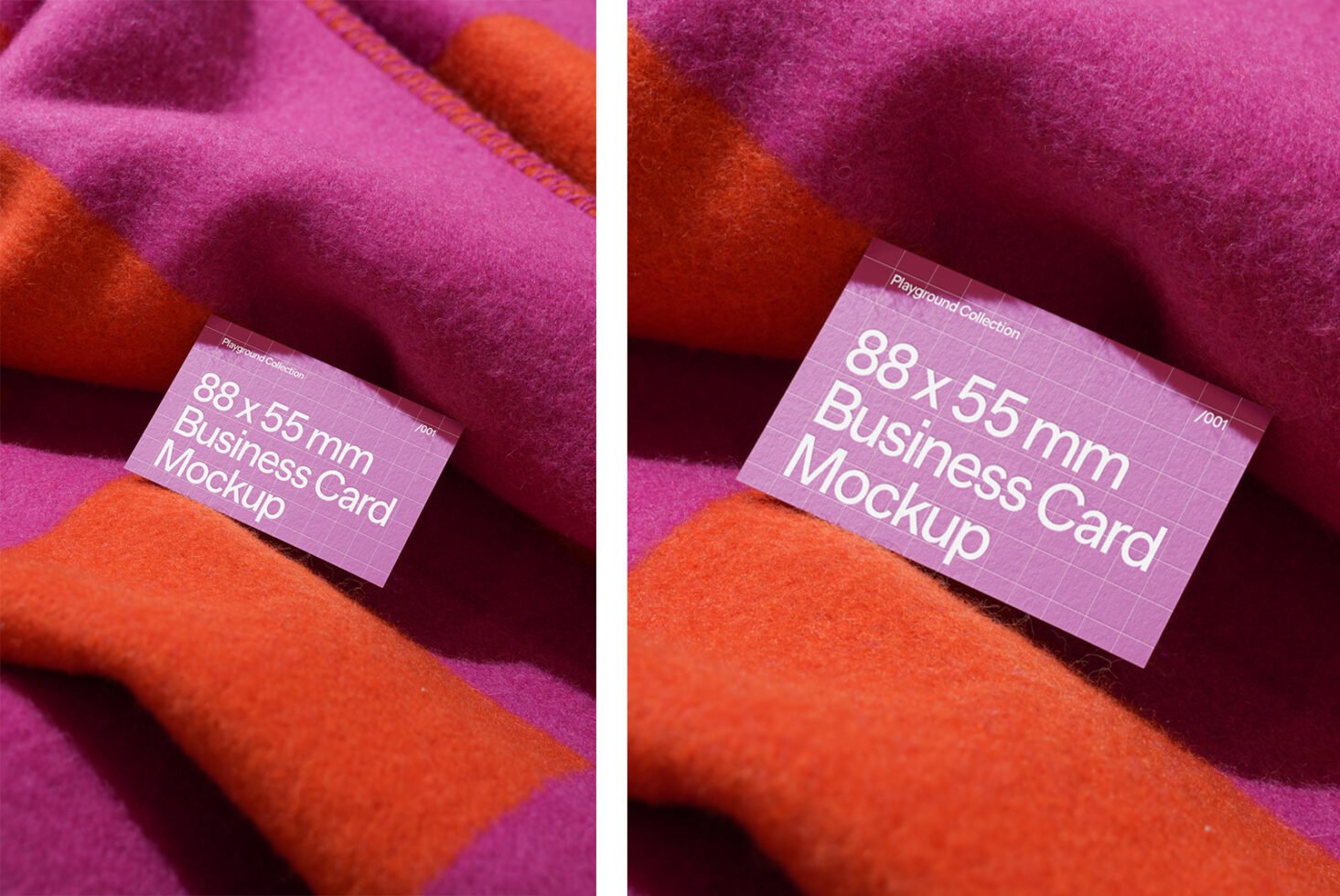 Business card mockup with 88x55mm dimensions on vibrant pink and orange fabric. Perfect for showcasing design templates in creative presentations.