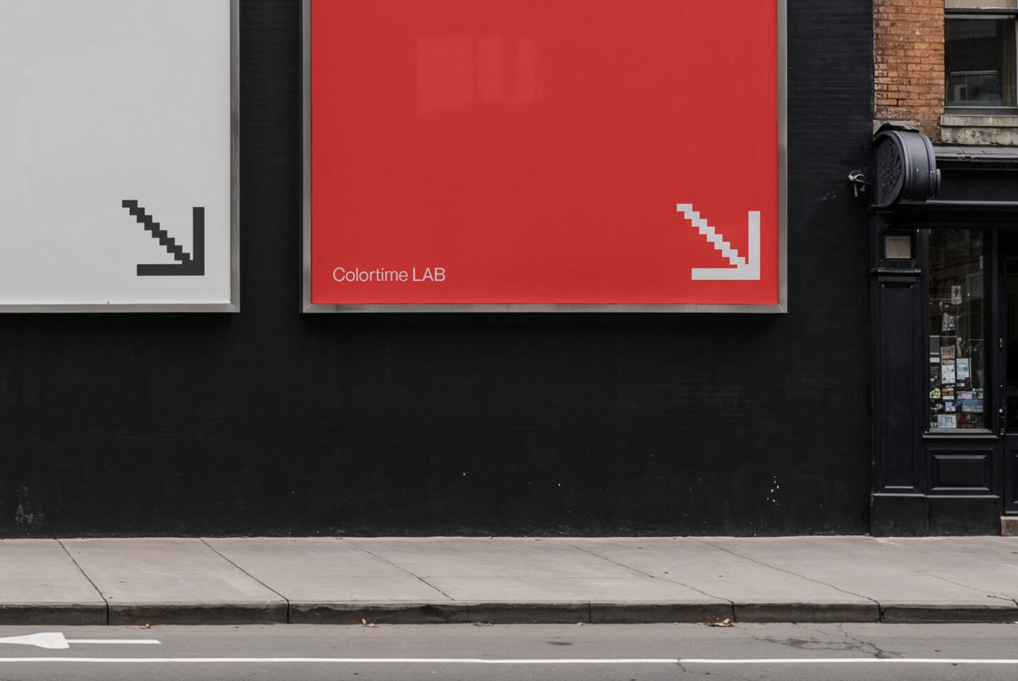 Urban billboard mockup with minimal design; vivid red and gray rectangles, pixel arrows. Ideal for showcasing ad graphics, templates, marketing visuals.