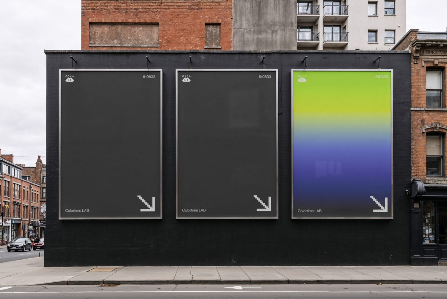 Urban billboard mockup on a brick building featuring three large blank posters; perfect for advertising, promotional design, and street marketing visuals.