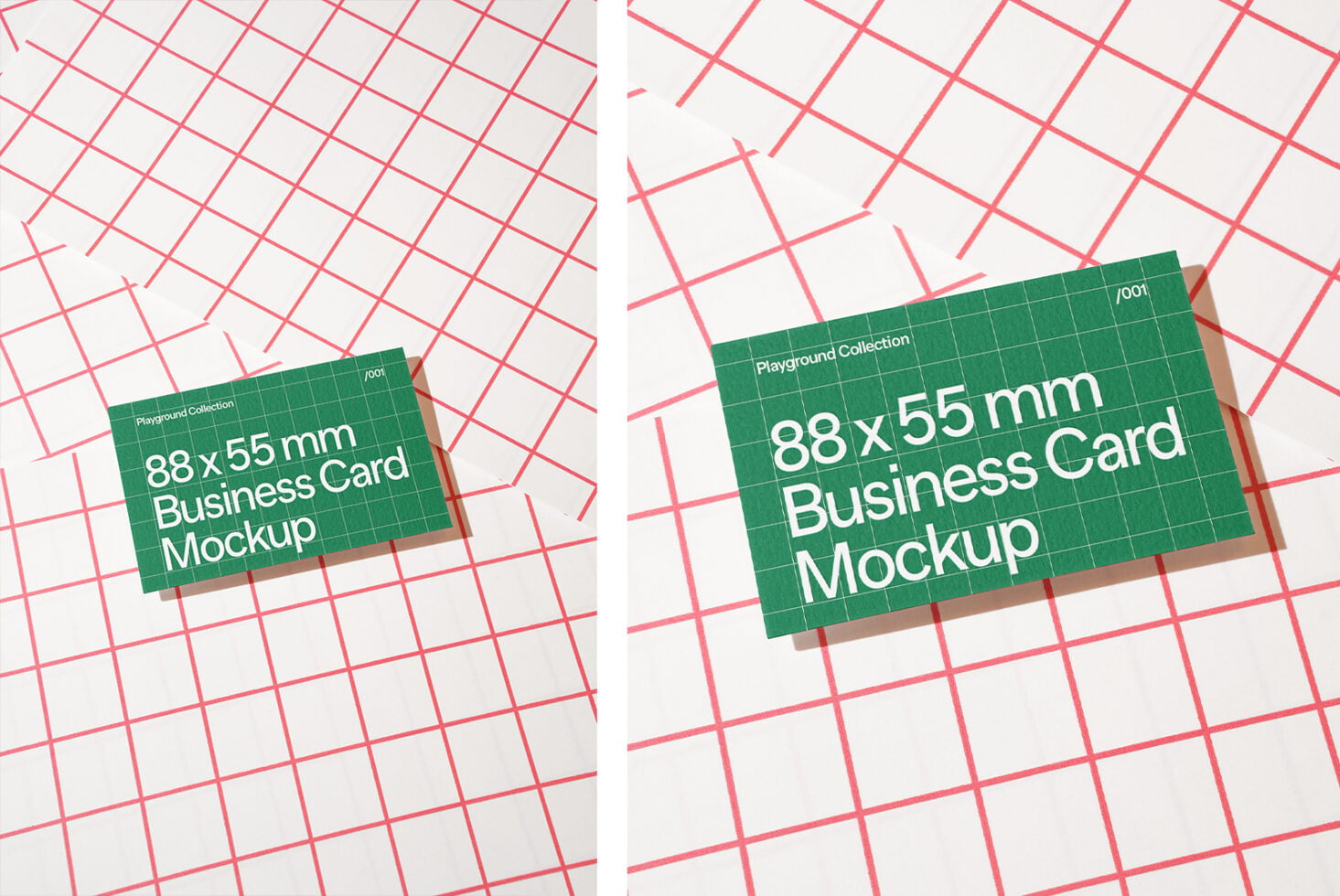 Business card mockup on neon pink grid pattern background