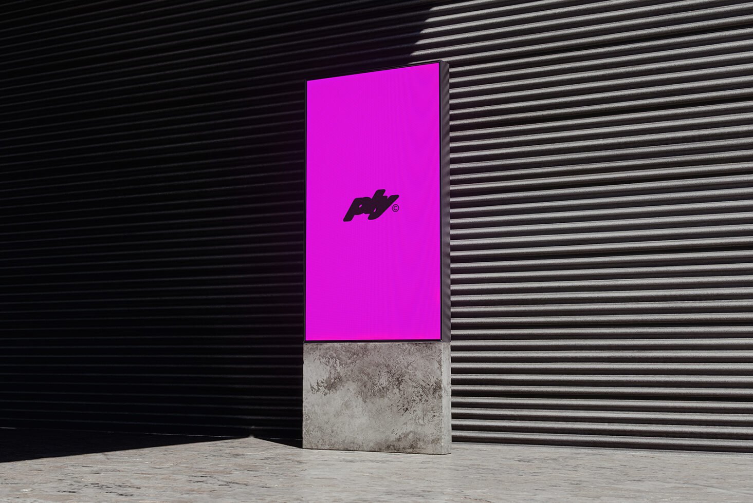 Digital display mockup in an industrial setting with bold magenta backdrop perfect for design presentations or mockups. Ideal for graphic designers.