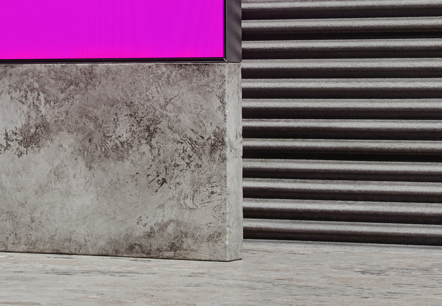 Mockup featuring a vibrant magenta screen on a textured concrete background with horizontal grooves, perfect for designers and digital presentations.