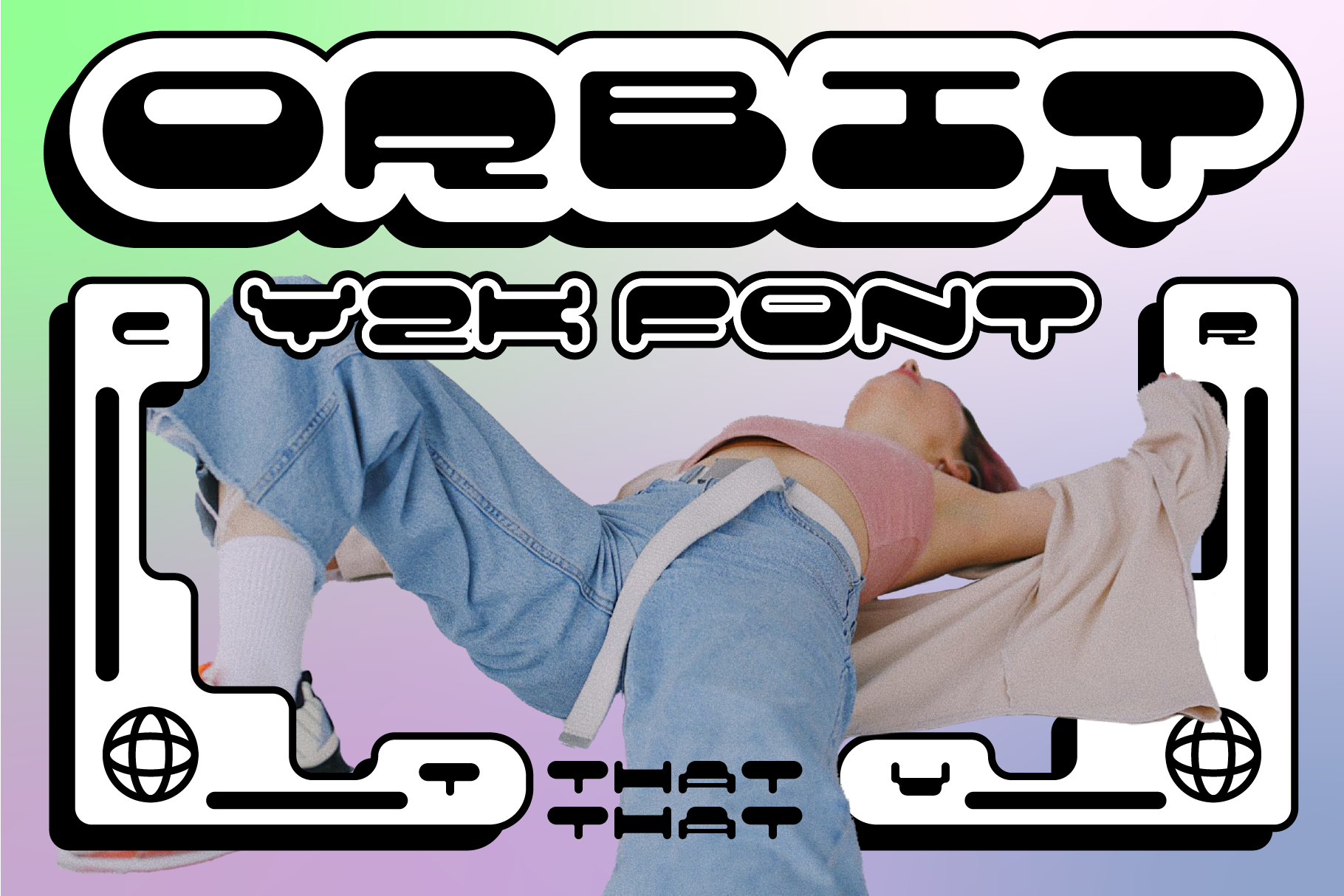 Retro futuristic Y2K font design with bold text Orbit overlaying an artistic background featuring a person in denim and pink. Ideal for designers or mockups.