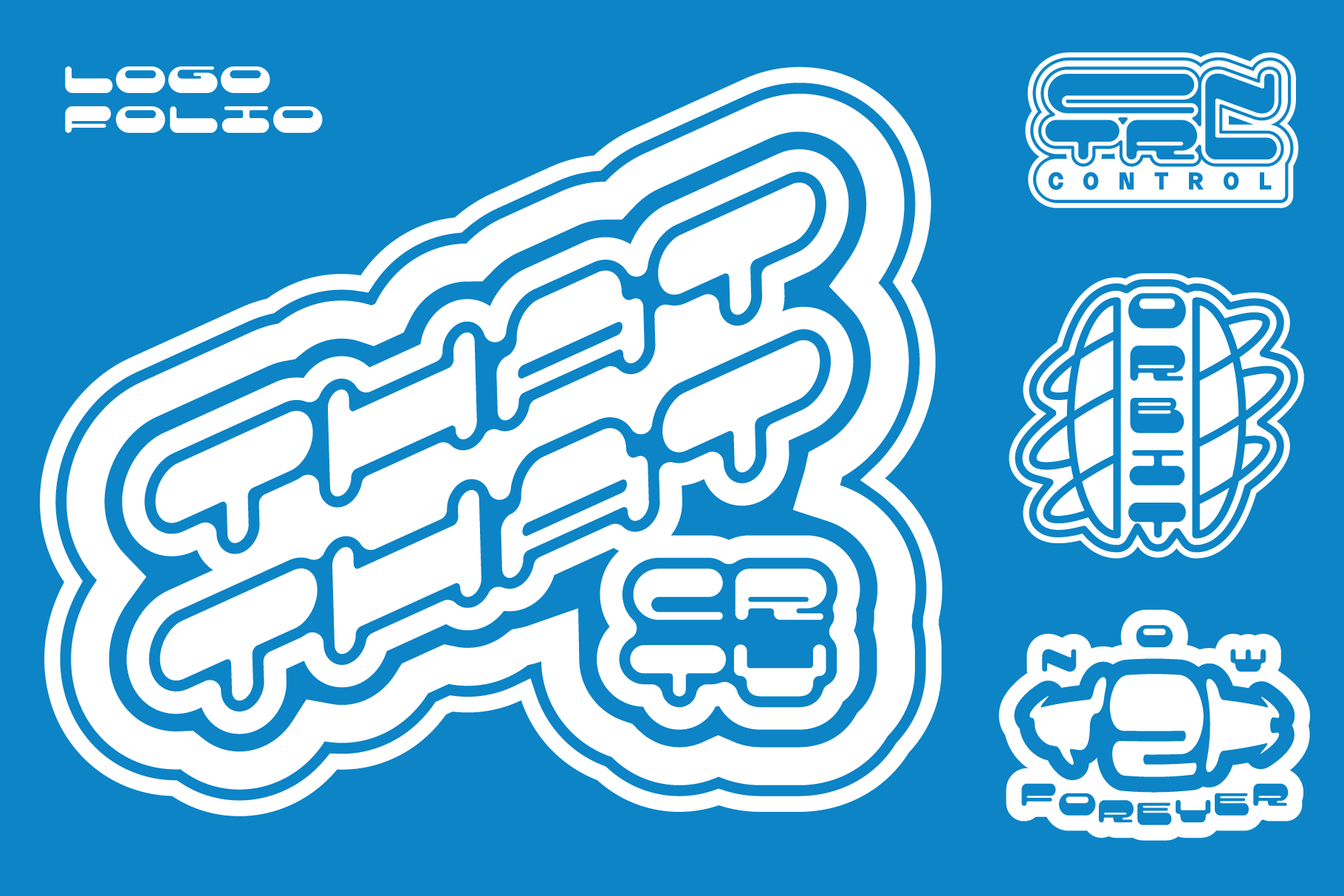 Blue logo folio mockup with four abstract sticker-style designs featuring bold text and shapes suitable for digital asset marketplace for designers.