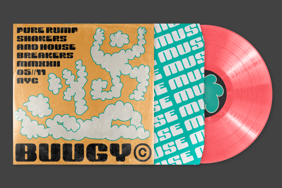 Vinyl record album cover mockup with orange jacket featuring cloud illustrations plus pink record