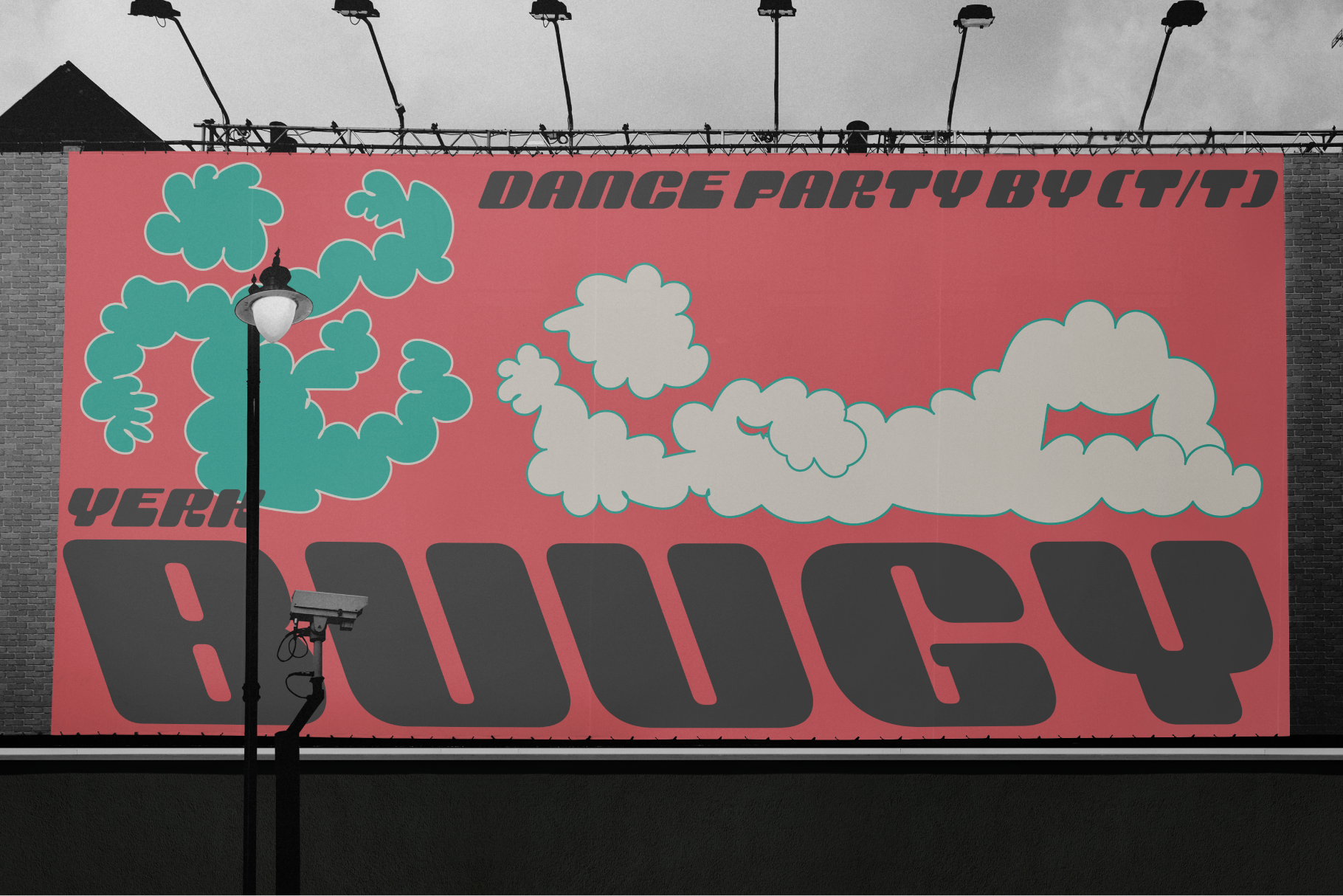 Bold billboard design featuring vibrant typography and abstract shapes for a dance party. Ideal for graphic design mockups and visual creatives.