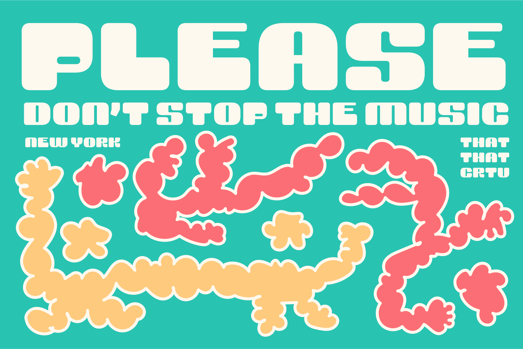 Playful retro typography poster featuring bold text please don't stop the music with abstract shapes in pastel colors, perfect for music-themed design projects.