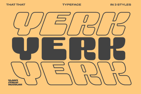 Display of typeface in three weight variations showing outline, bold, italic styles on yellow