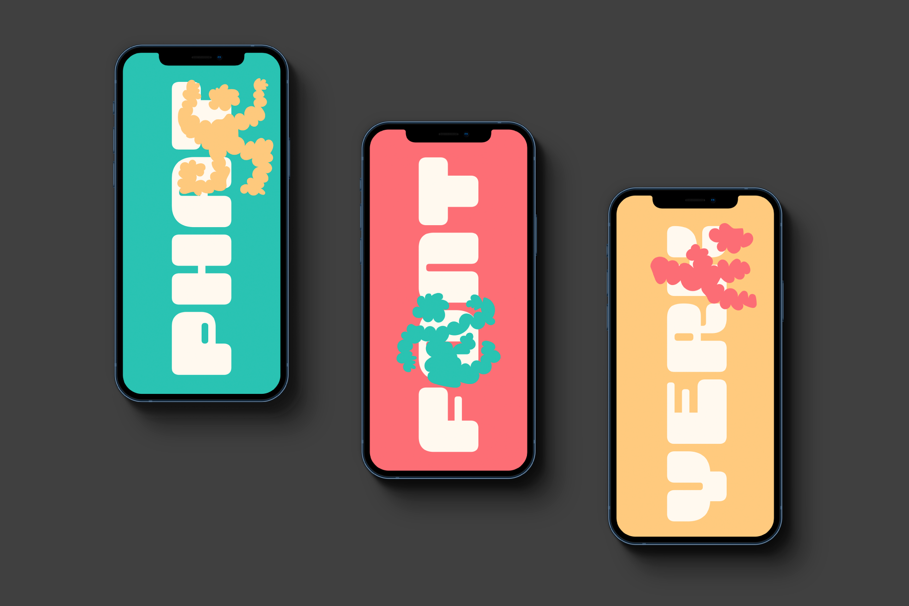Three smartphones showcase colorful typography designs with artistic fonts on varied backgrounds. Ideal for digital design, fonts, graphics, mockup resources.