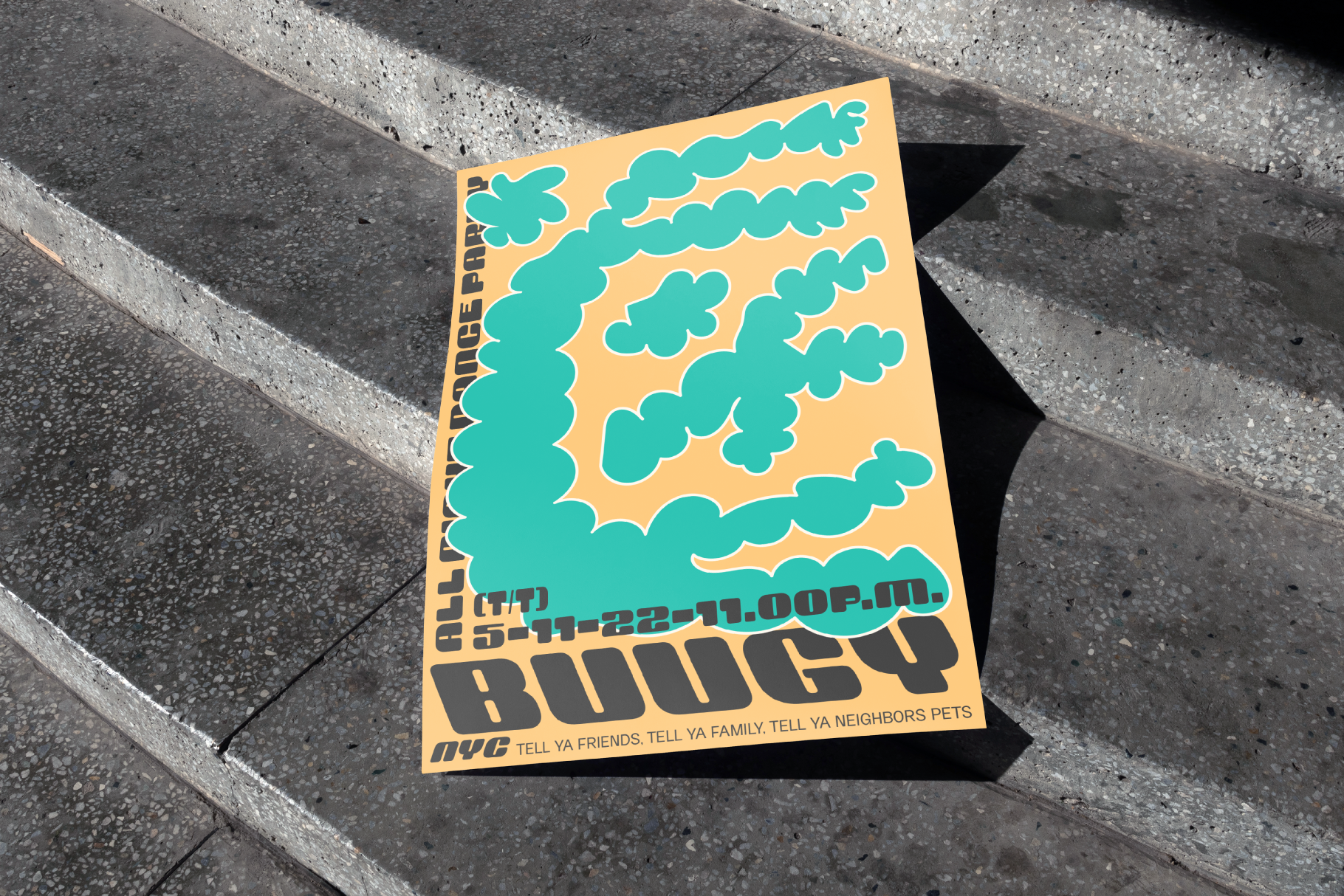Abstract poster design with bold lettering and wavy blue shapes on orange paper. Ideal for graphic design templates or mockup use by designers.
