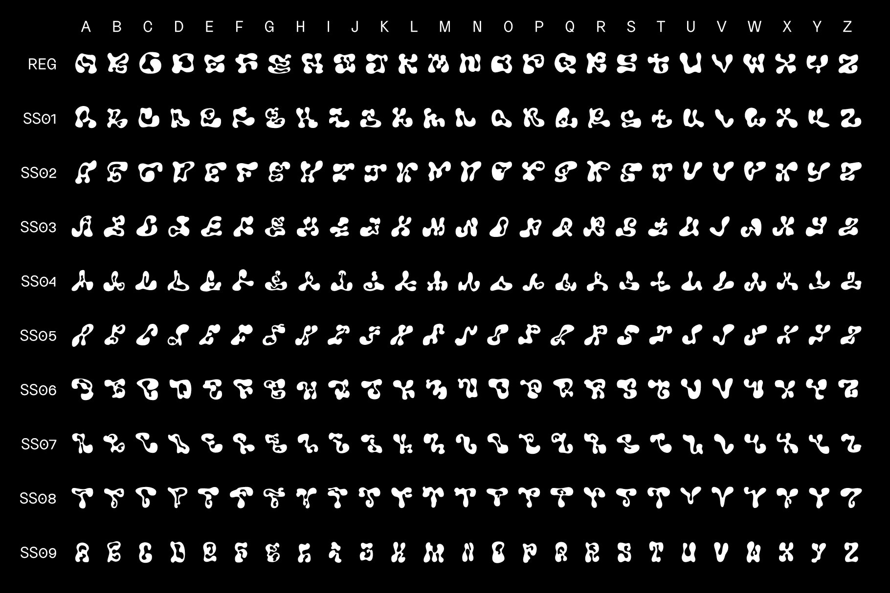 Abstract font set with multiple styles. Black background. Creative typography for designers. Perfect for graphic design, templates, and digital projects.