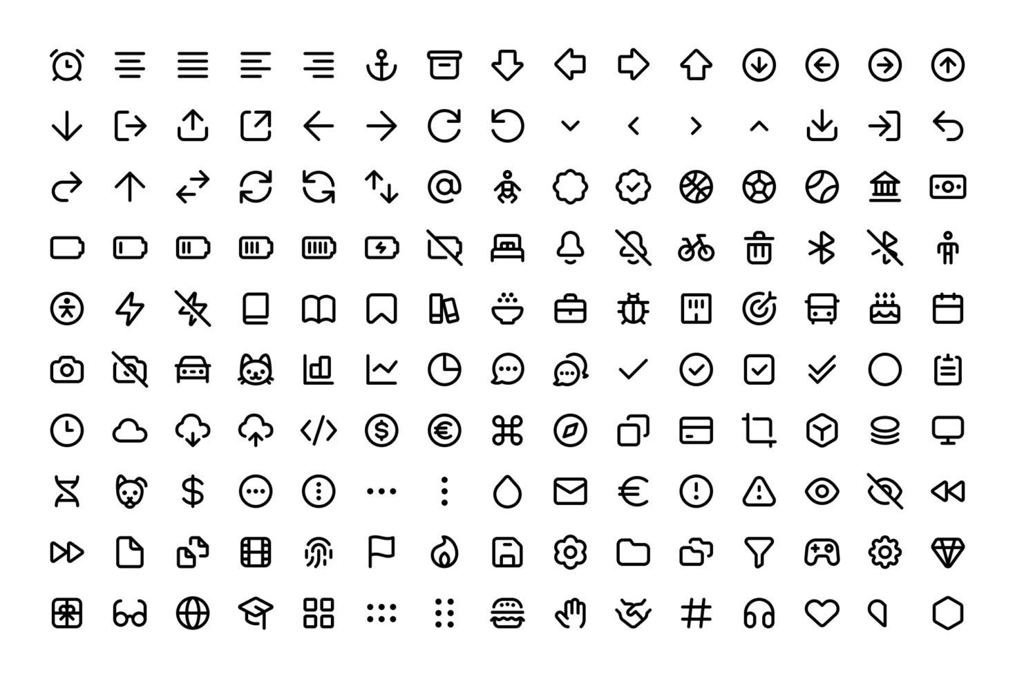 Vector icon set with diverse minimalistic line designs for user interfaces apps and web templates. Ideal for graphic design and UI mockups.