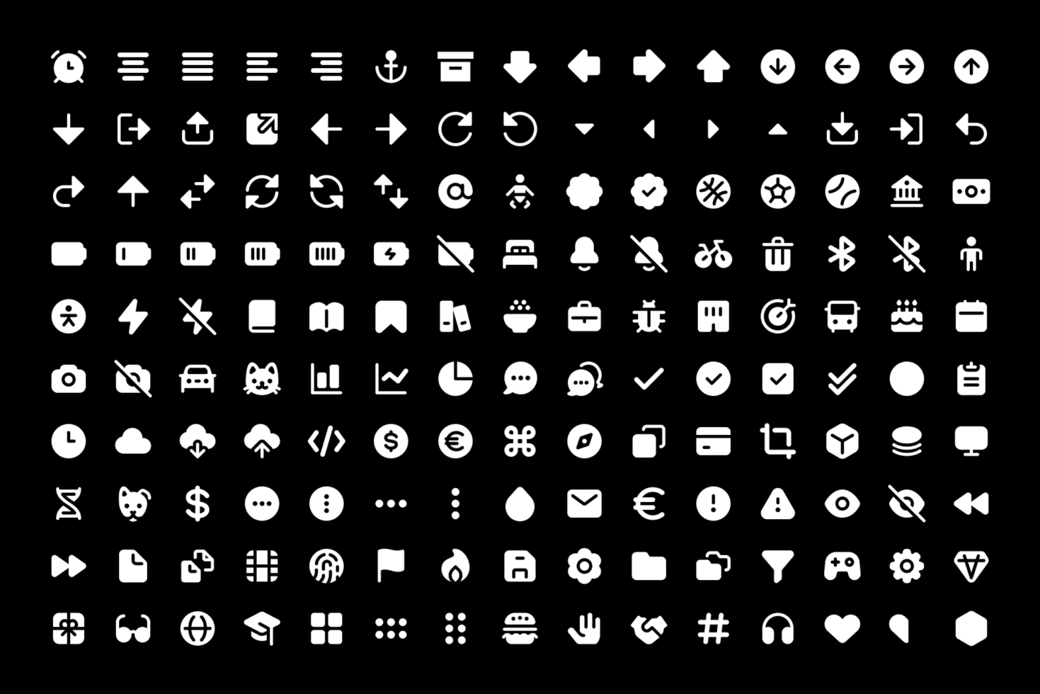 Icon set featuring diverse symbols for web and app design, including arrows, interface controls, and communication graphics. Perfect for designers.