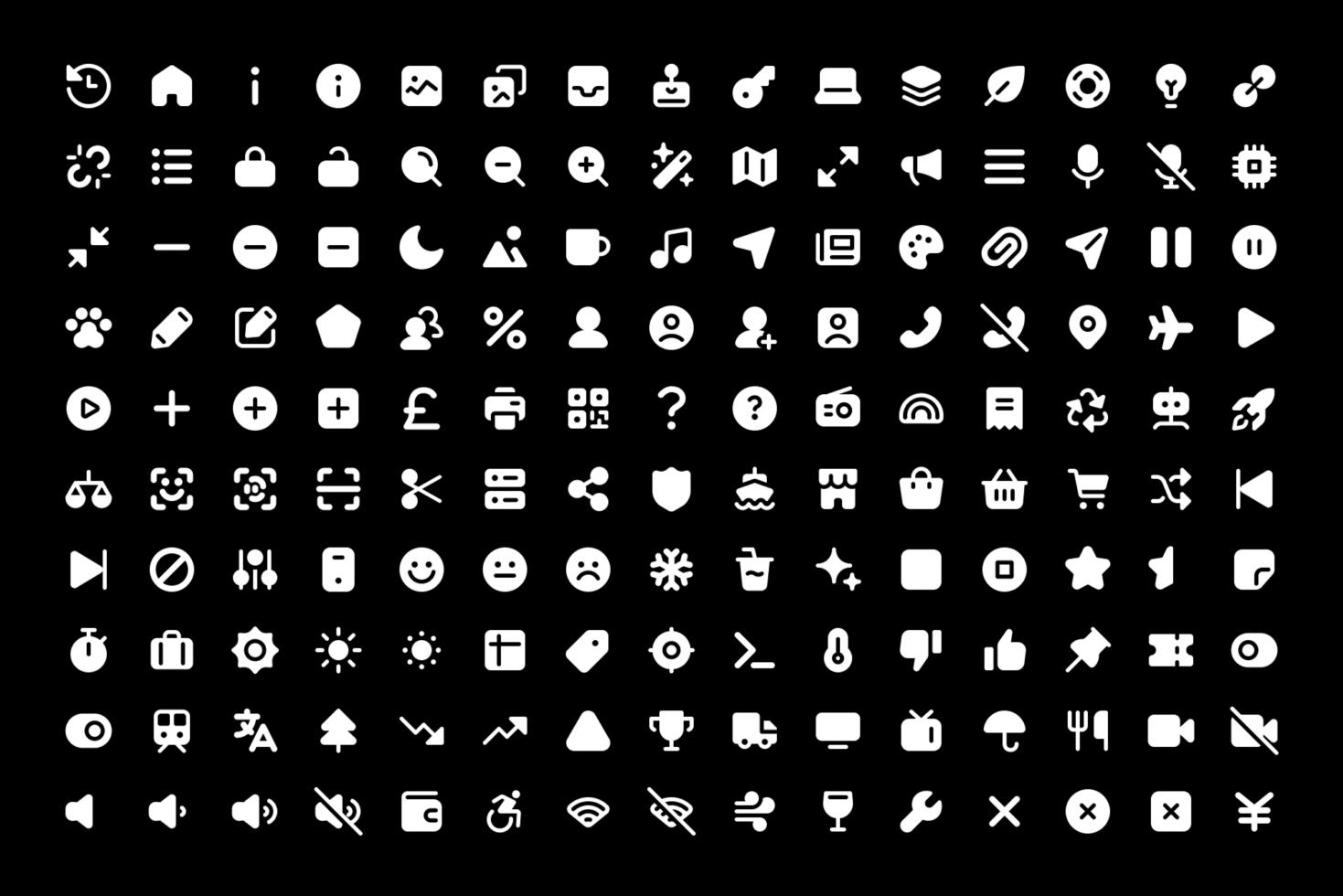 Set of diverse white icons on black background for designers. Includes arrows, music, shopping, communication symbols. Ideal for graphic projects.