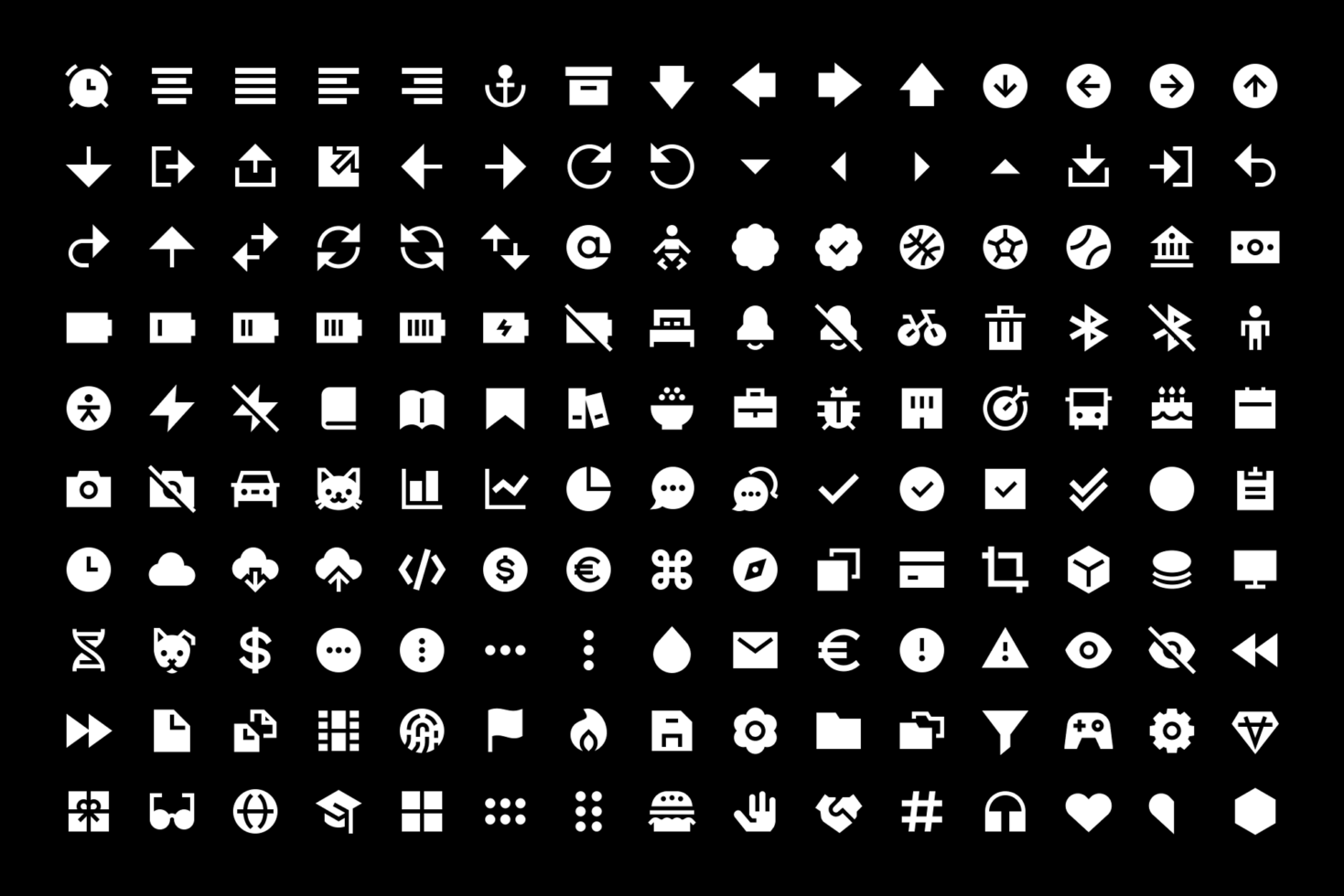 Set of 110 minimalist vector icons in white on a black background for UI design. Includes arrows, devices, symbols. Suitable for graphics and templates