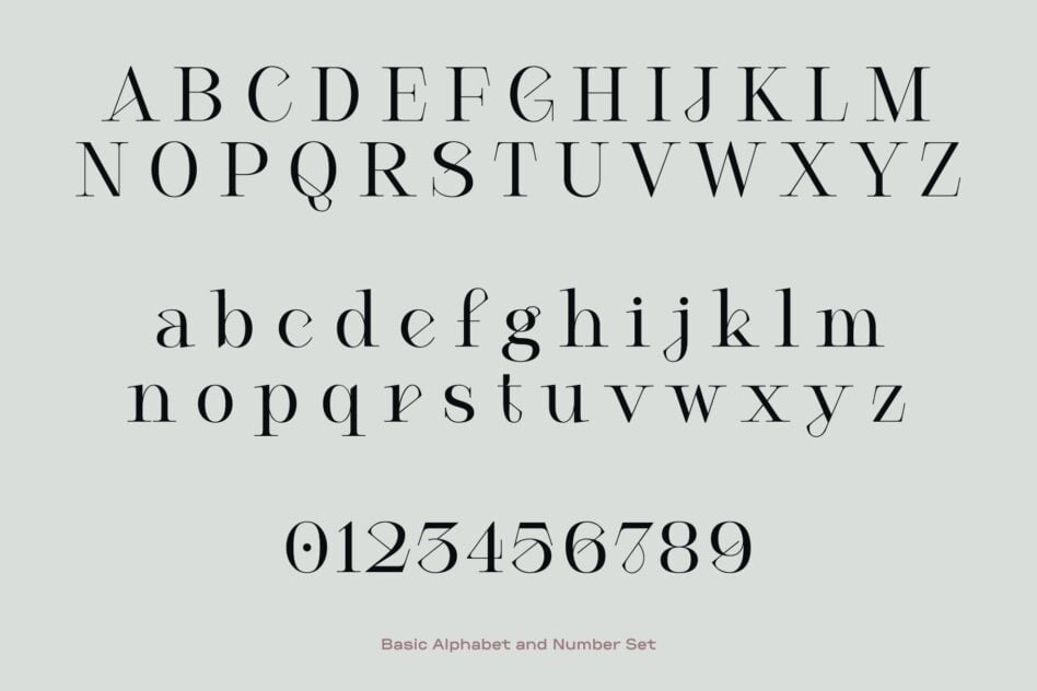 Serif typeface showing full alphabet uppercase, lowercase, numbers on cream