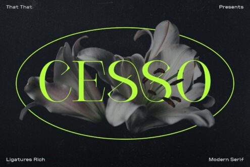 Modern serif font with lime green neon outline over white flowers, dark background