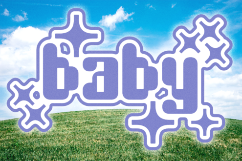 Retro text overlay on sky horizon landscape with clouds green field blue sky