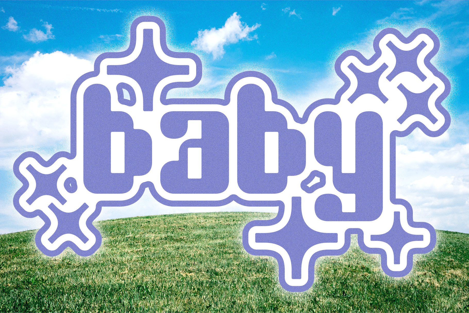 Playful graphic design featuring the word baby in bold lavender bubble letters against a grassy hill backdrop perfect for digital art and typography projects