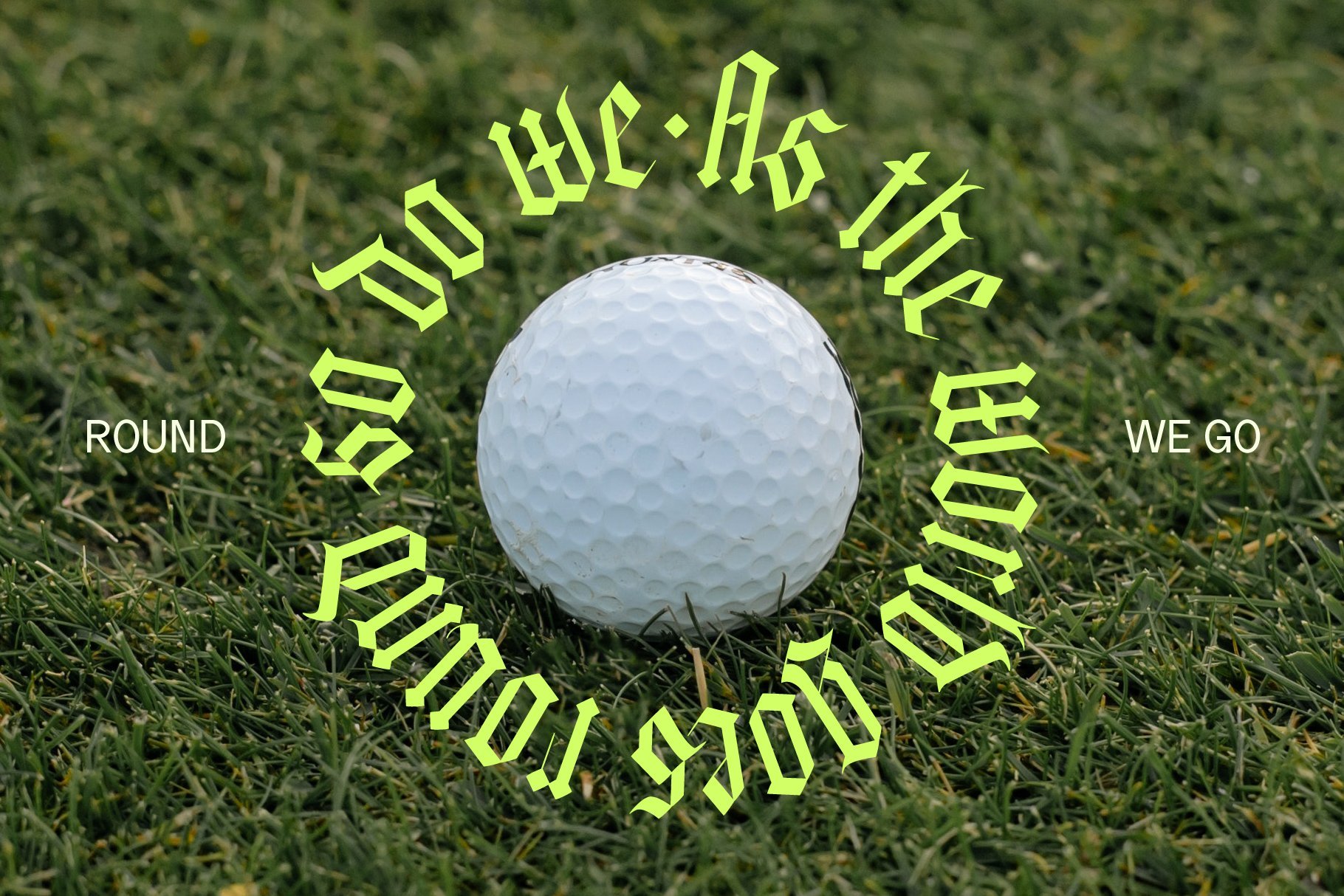 Golf ball on grass surrounded by decorative circular text design. Perfect for sports graphics mockups typographic templates. SEO keywords include design and typography.