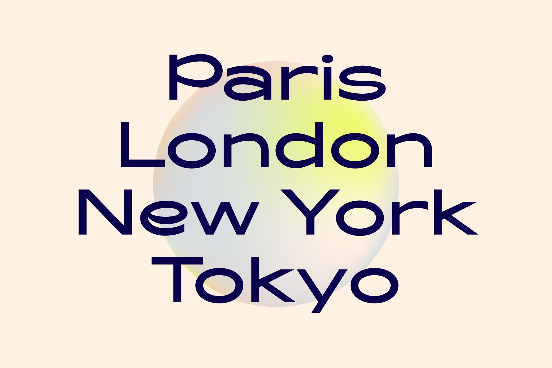 Modern sans-serif typeface on pastel background showcasing city names Paris London New York Tokyo elegant design ideal for graphic projects typography