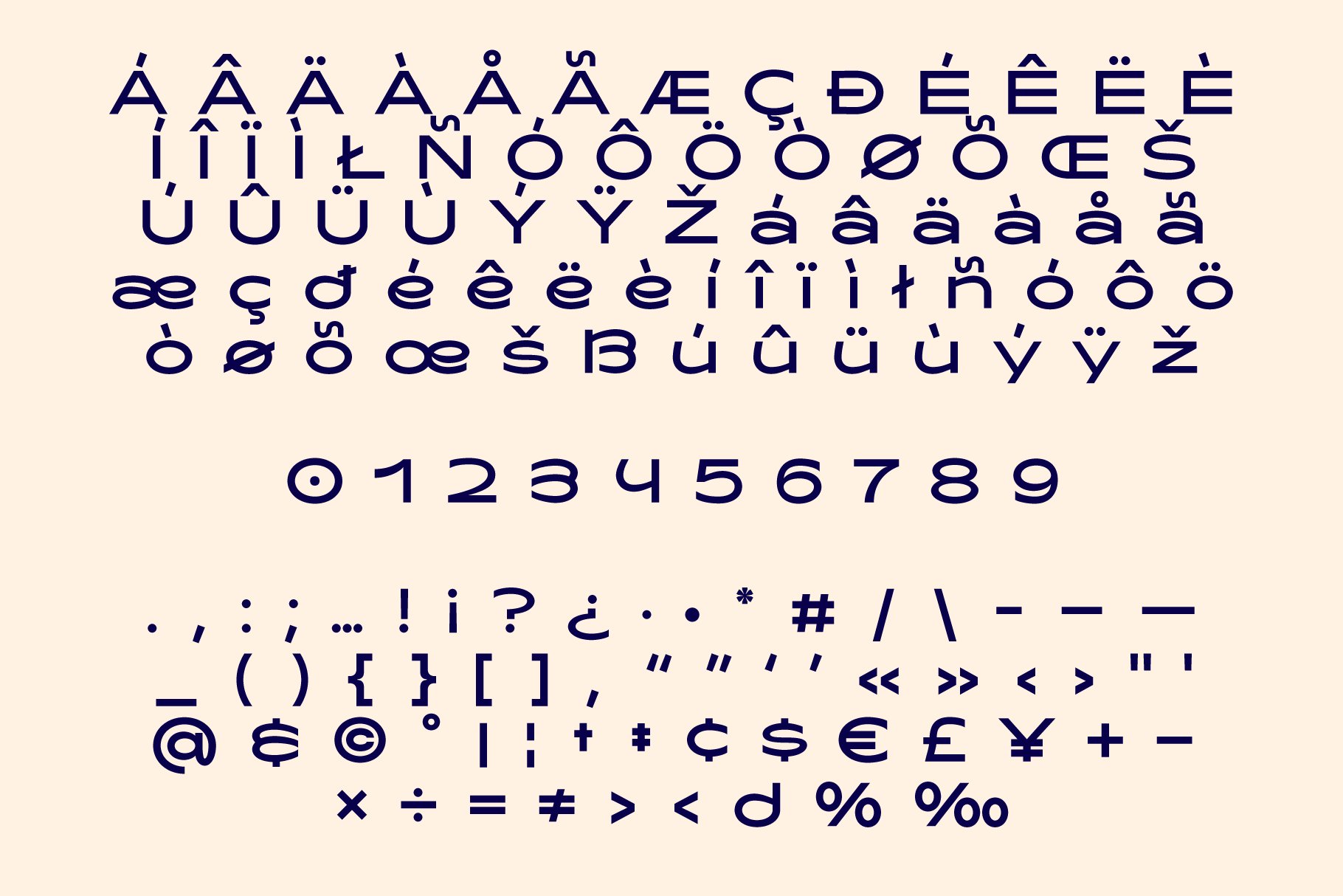 Font template displaying uppercase and lowercase letters, numbers, and special characters in a modern style on a light background. Ideal for designers.