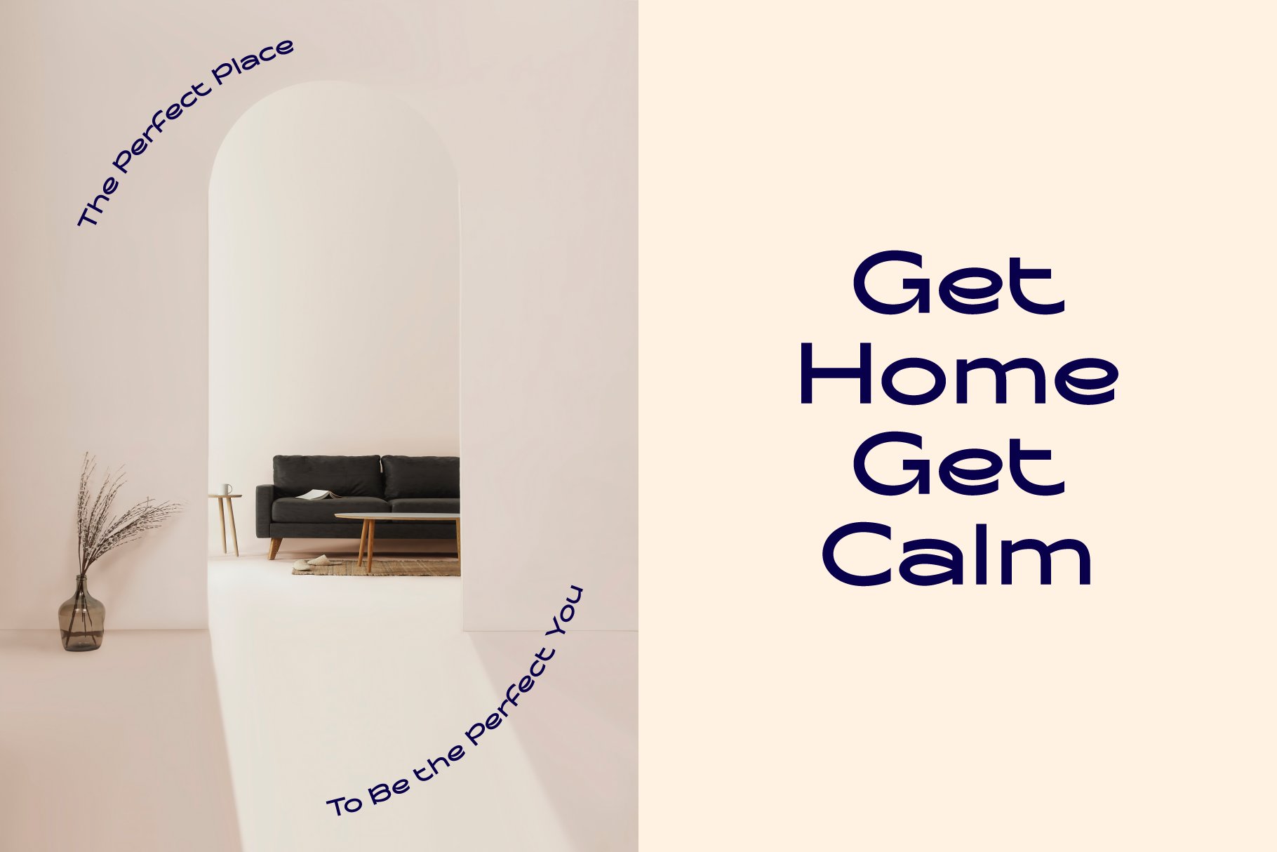 Modern minimalist interior design mockup with typography layout. Features arched doorway and a cozy sofa. Ideal for design templates and visual assets.