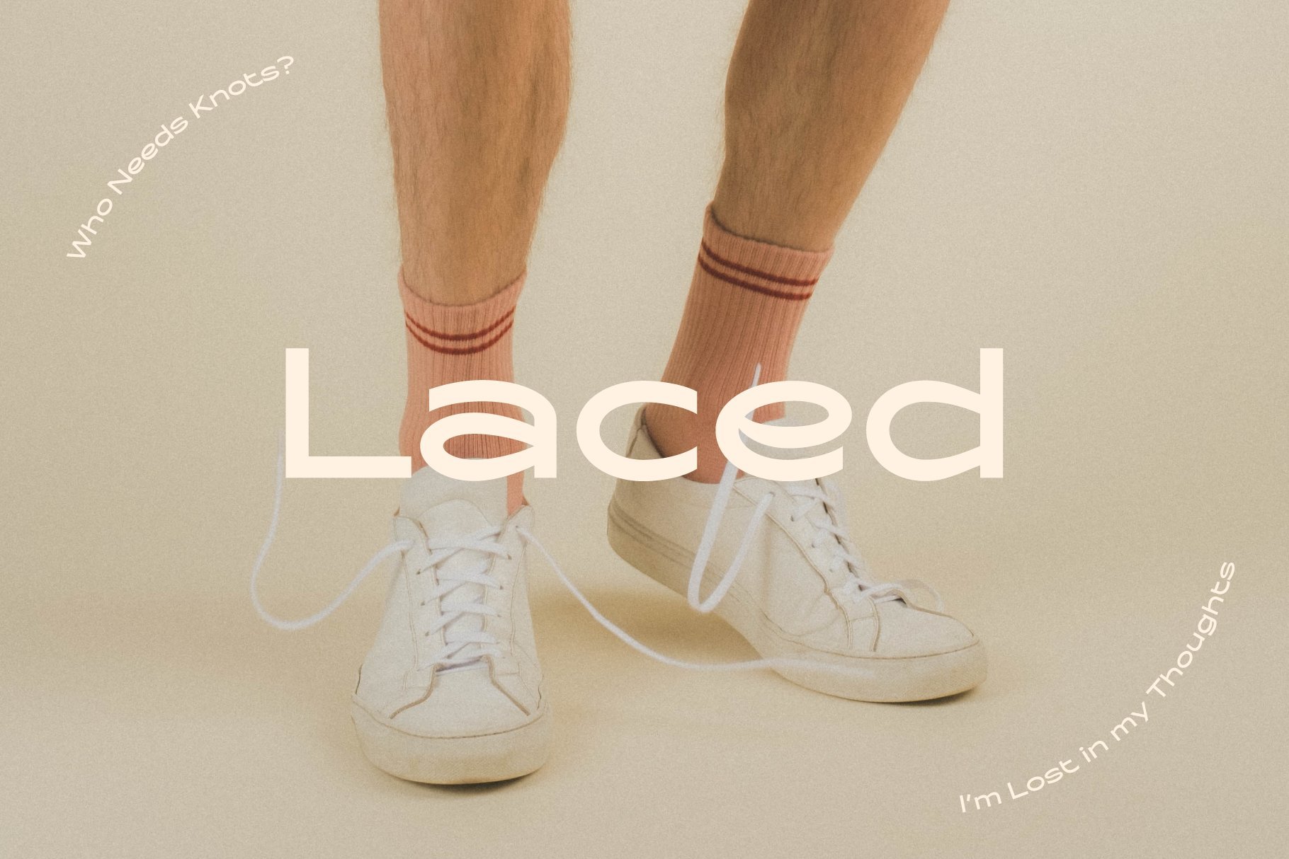 Close-up of legs wearing white sneakers and pink socks with text Laced for trendy sneaker-themed font design. Ideal for graphic designers on marketplaces.