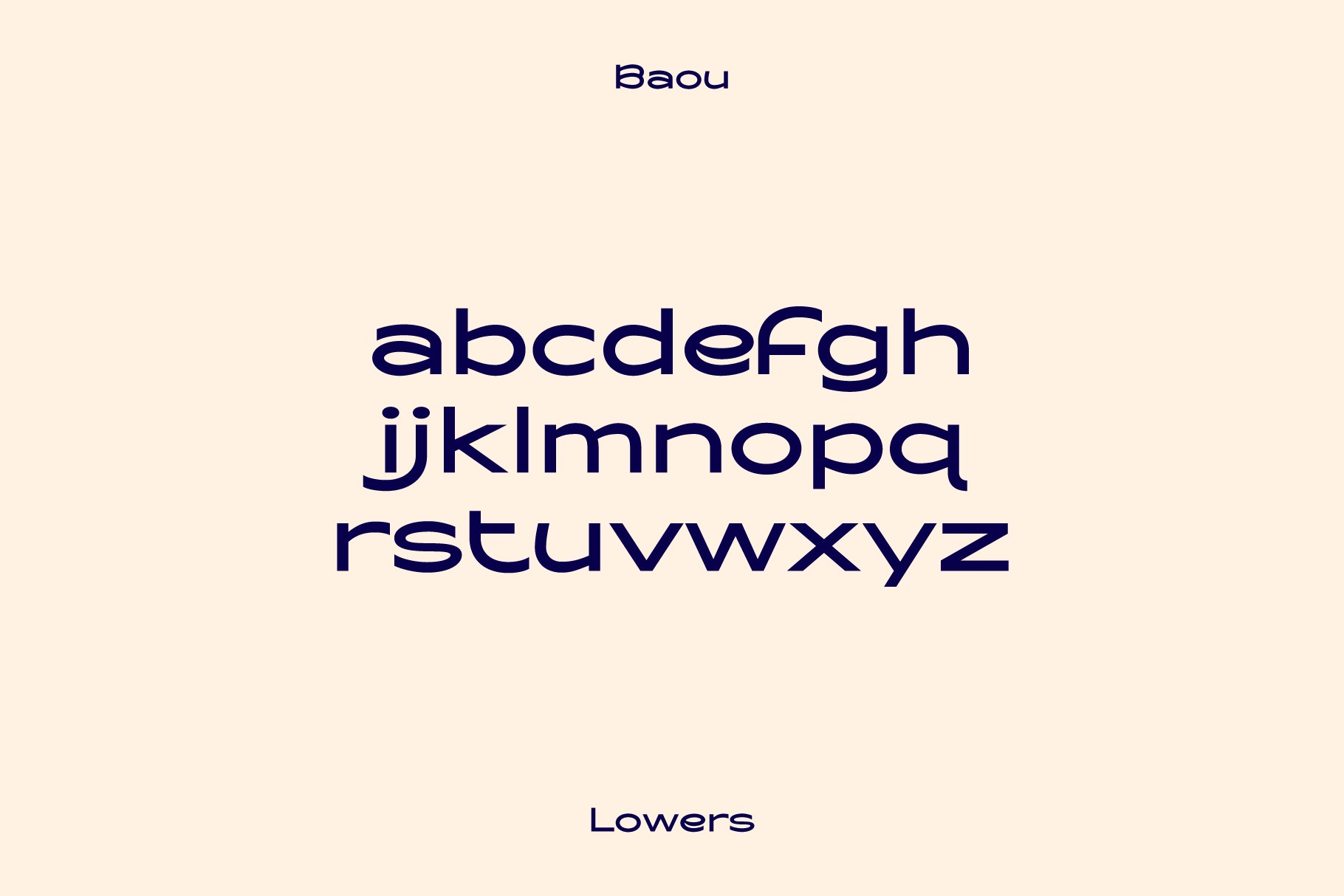 Modern sans serif font preview displaying lowercase alphabet in bold navy on a beige background suitable for graphic design typography projects.