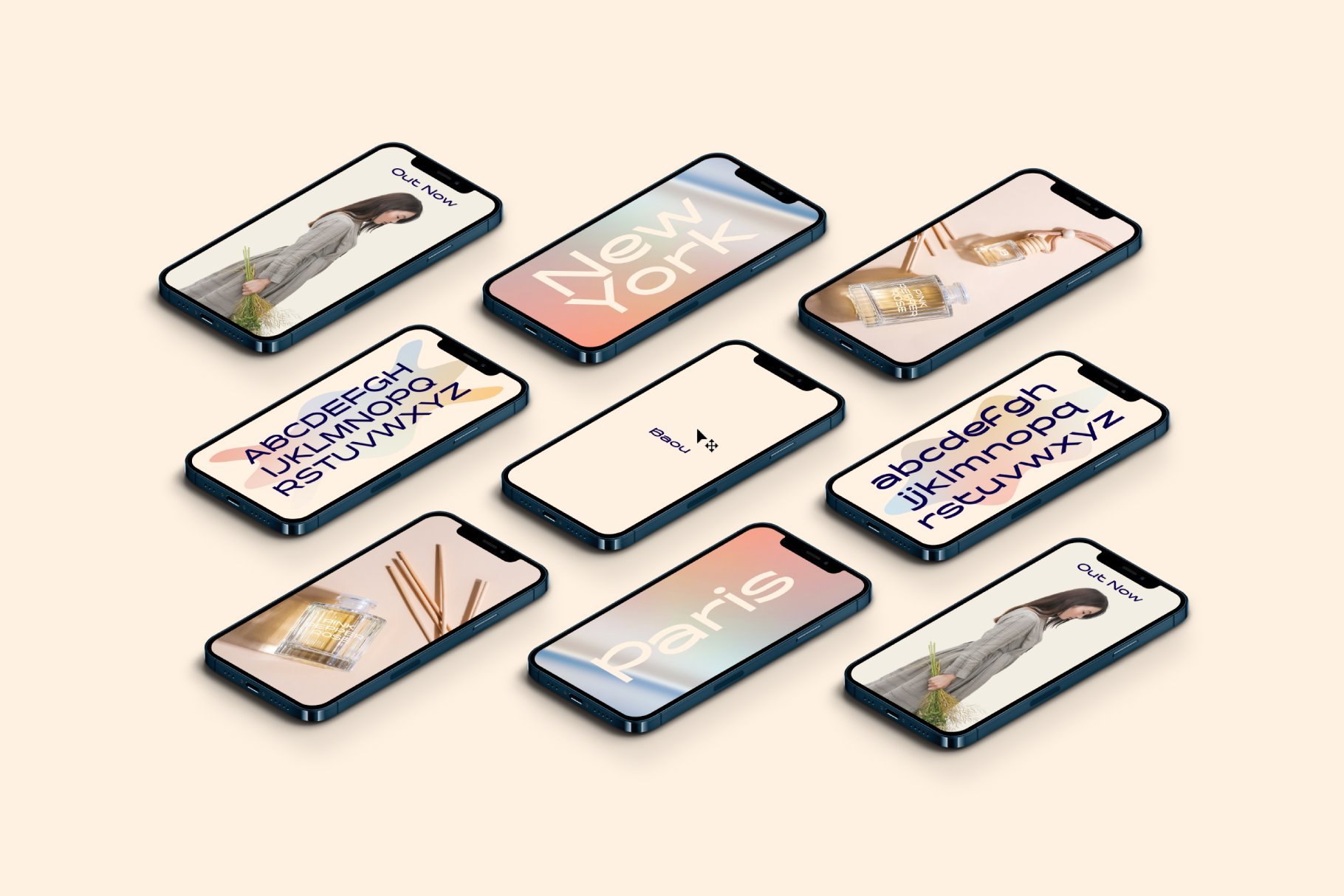 iPhone mockup display with fashion images fonts and city names New York Paris ideal for designers marketing templates graphic design digital assets