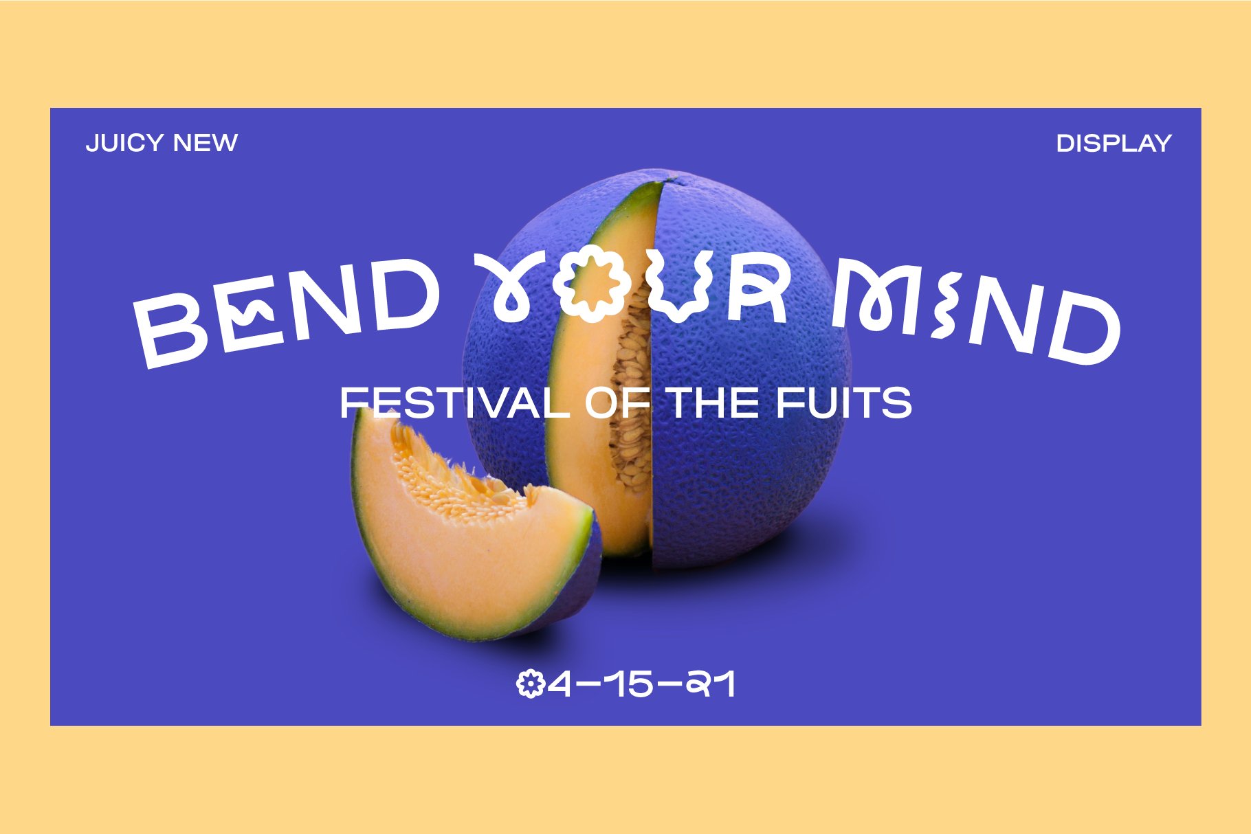 Creative digital design displaying an orange fruit with blue skin, stylized typography Bend Your Mind Festival. Keyword rich for designers mockups graphics.