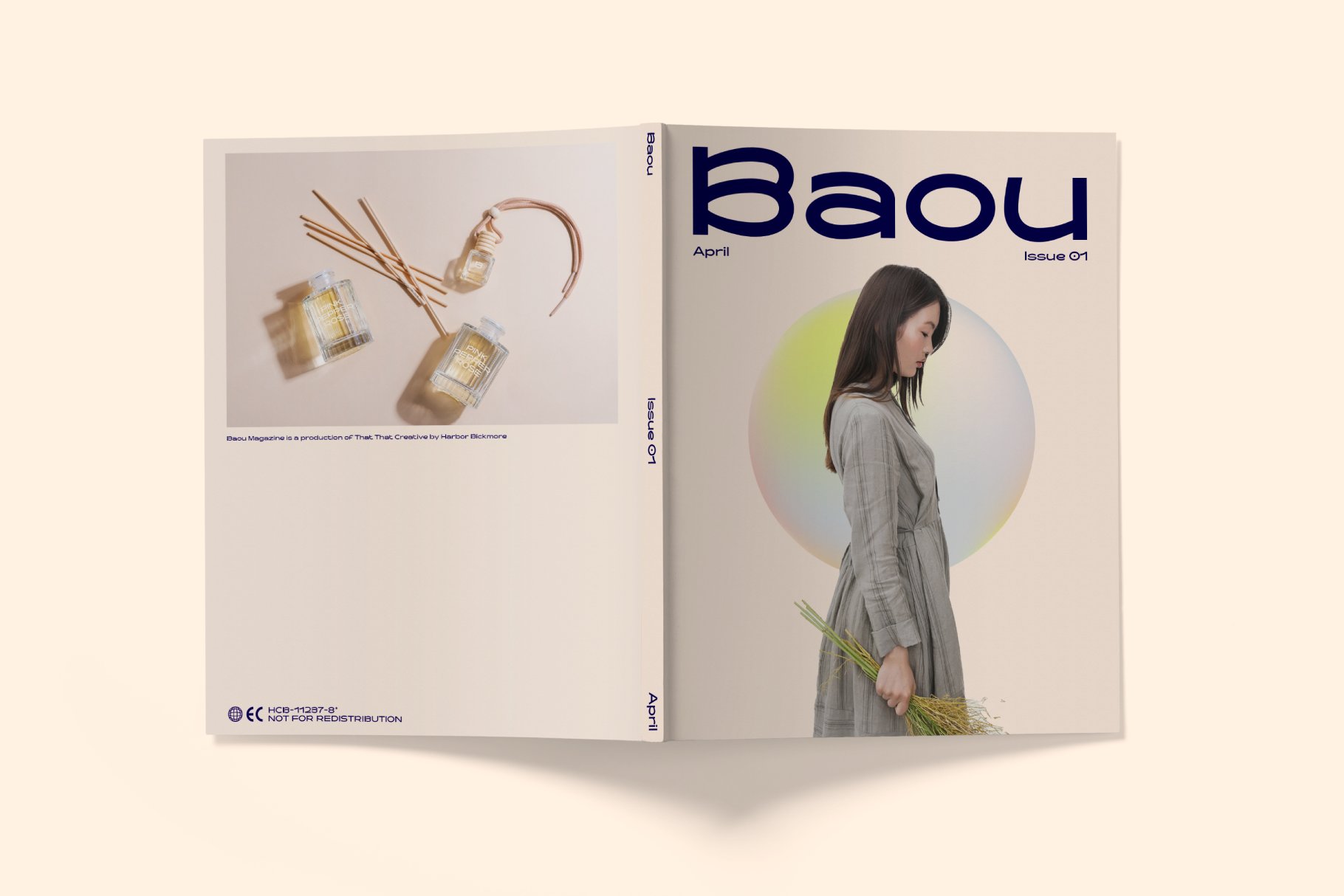 Magazine mockup featuring a minimalist design with perfume bottles and a model. Ideal for designers seeking elegant template and graphic assets.