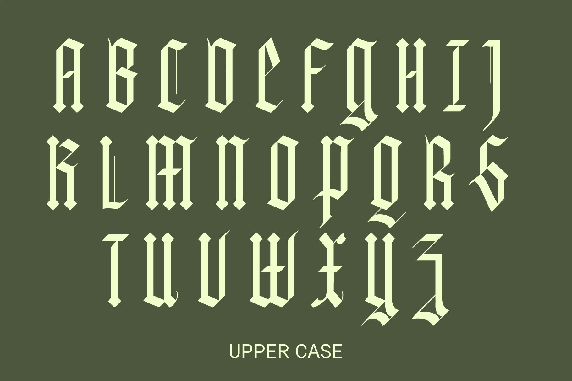 Gothic uppercase font set on a dark green background perfect for vintage design projects typography branding and decorative text.