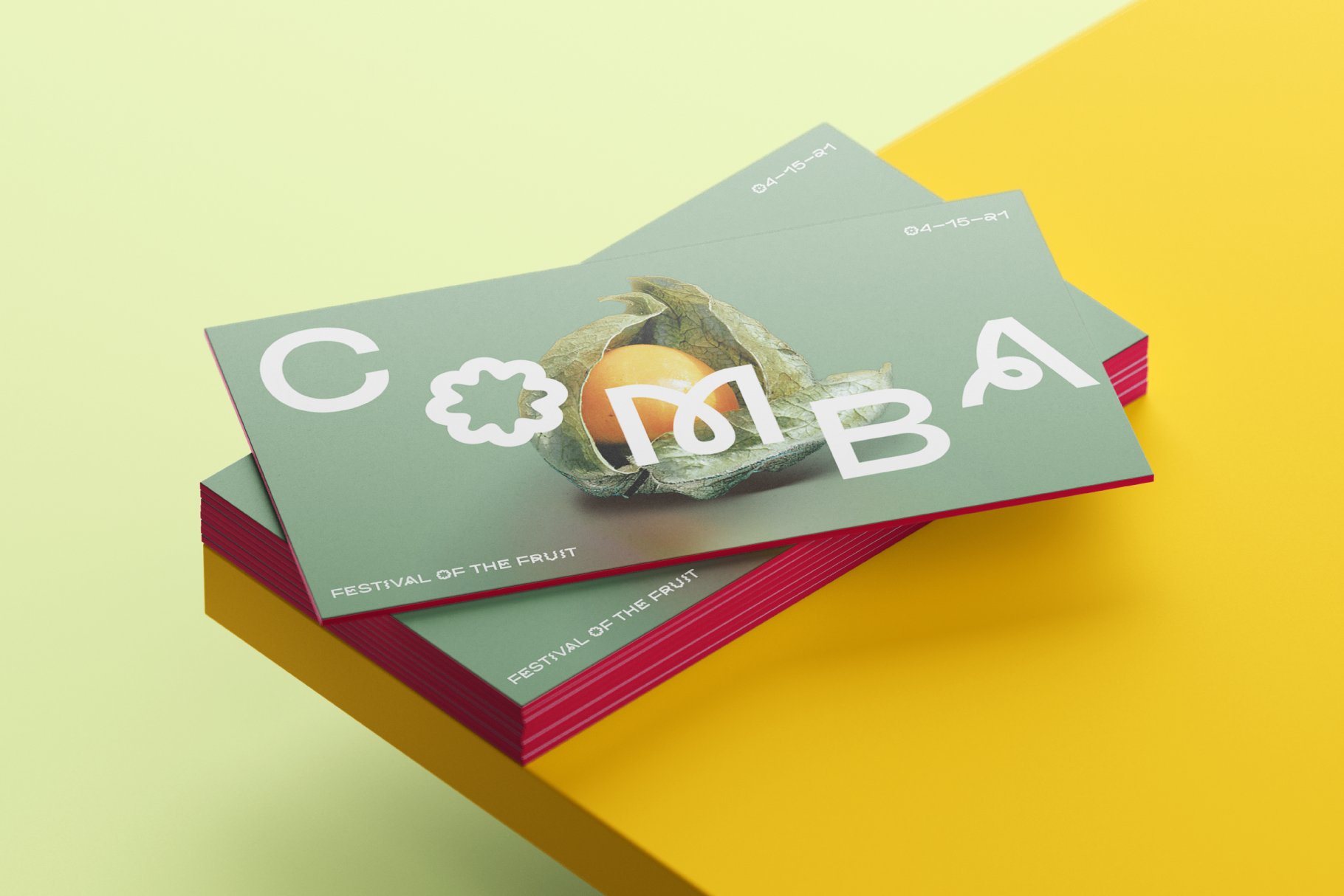 Stack of colorful gradient business cards with artistic fruit design festival theme ideal for designers looking for typography and mockup inspiration