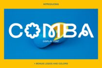 Coroba display font in white letters over blue background with fruit graphic element