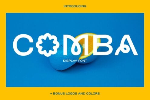 Bold display font Comba with playful design, creative alphabet elements. Includes bonus logos and colors. Ideal for graphic designers.