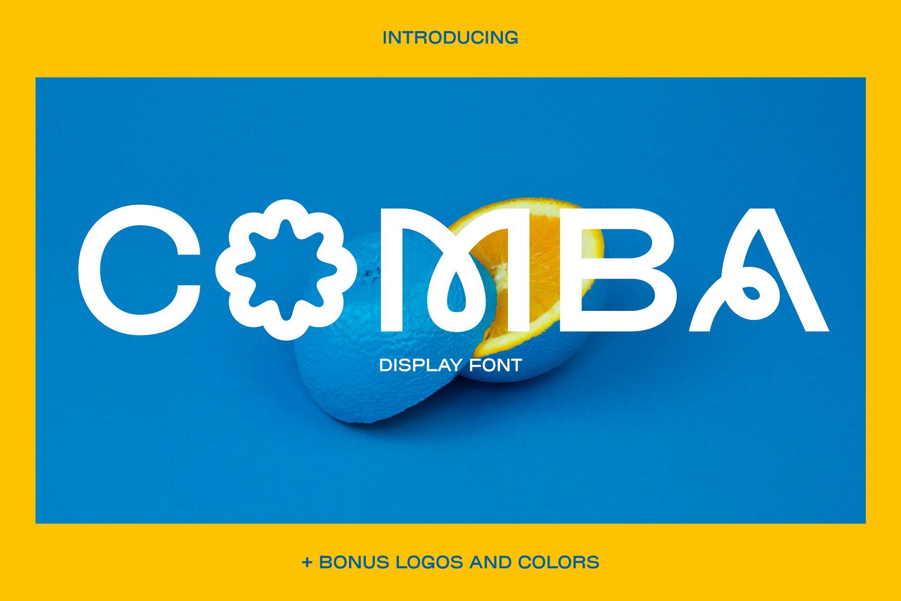 Bold display font Comba with playful design, creative alphabet elements. Includes bonus logos and colors. Ideal for graphic designers.