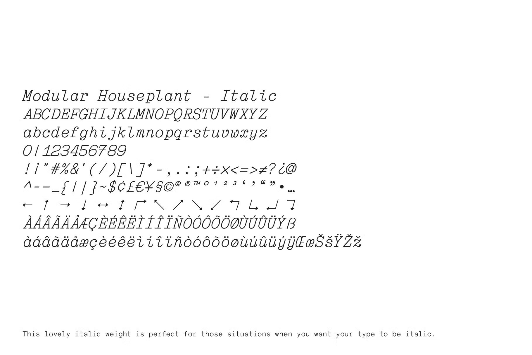 Italic font sample showcasing Modular Houseplant with letters numbers and symbols perfect for designers seeking stylish typography assets.