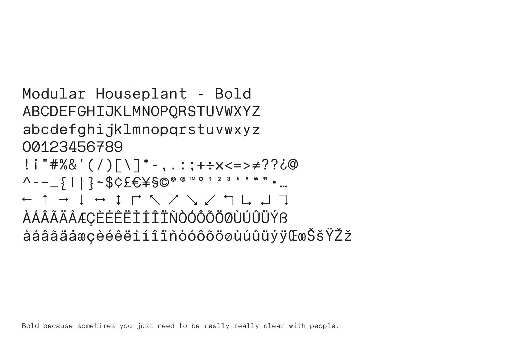 Bold typeface displaying alphabets, numbers, and symbols. Modular Houseplant Font is ideal for graphic design, typography, and creative projects.
